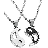 FIBO STEEL 2pcs Stainless Steel Yin Yang Pendant Necklace for Men Women Puzzle Couples Necklace,22 inches