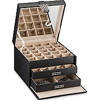 Glenor Co Earring Organizer Holder - 50 Small & 4 Large Slots Classic Jewelry Box with Drawer & Modern Closure, Mirror, 3 Trays Earrings, Ring or Chain Storage - PU Leather Case - Black