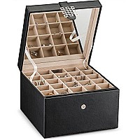 Glenor Co Earring Organizer Holder - 50 Small & 4 Large Slots Classic Jewelry Box with Drawer & Modern Closure, Mirror, 3 Trays Earrings, Ring or Chain Storage - PU Leather Case - Black