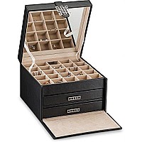 Glenor Co Earring Organizer Holder - 50 Small & 4 Large Slots Classic Jewelry Box with Drawer & Modern Closure, Mirror, 3 Trays Earrings, Ring or Chain Storage - PU Leather Case - Black