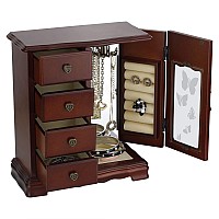 RR ROUND RICH DESIGN Solid Wooden Jewelry Box Makeup and Organizer Women Ring Storage with 4-Drawers Built-in Necklace Carousel and Mirror Brown