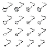 16pcs 20g Stainless Steel Nose Stud for Women 20g Nose Ring Surgical Steel L Shape Nose Stud 1.5mm 2mm 2.5mm 3mm CZ Body Piercing for Women Men (20G, Pin Length 6.5mm L)