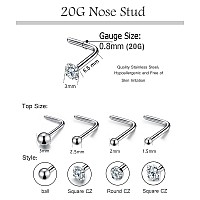 16pcs 20g Stainless Steel Nose Stud for Women 20g Nose Ring Surgical Steel L Shape Nose Stud 1.5mm 2mm 2.5mm 3mm CZ Body Piercing for Women Men (20G, Pin Length 6.5mm L)