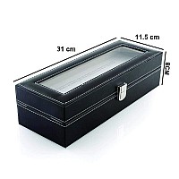 BucketList Wrist Watch Storage Box - Display Case Organizer with Faux Leather Finish and Glass Window - 6 Slot, 31x11.5x8 cm