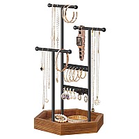 SONGMICS Jewelry Holder, Jewelry Organizer, 4 Independent Zones, Jewelry Display Stand with Metal Frame, Necklace Earring Bracelet Holder, for Rings, Black and Caramel Brown UJJS03CB