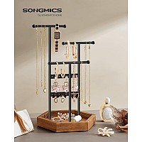 SONGMICS Jewelry Holder, Jewelry Organizer, 4 Independent Zones, Jewelry Display Stand with Metal Frame, Necklace Earring Bracelet Holder, for Rings, Black and Caramel Brown UJJS03CB