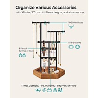 SONGMICS Jewelry Holder, Jewelry Organizer, 4 Independent Zones, Jewelry Display Stand with Metal Frame, Necklace Earring Bracelet Holder, for Rings, Black and Caramel Brown UJJS03CB