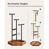 SONGMICS Jewelry Holder, Jewelry Organizer, 4 Independent Zones, Jewelry Display Stand with Metal Frame, Necklace Earring Bracelet Holder, for Rings, Black and Caramel Brown UJJS03CB