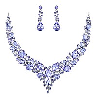 BriLove Necklace Earrings Jewelry Set for Women Wedding Bridal Austrian Crystal Teardrop Cluster Statement Necklace Dangle Earrings Set Light Purple Silver-Tone