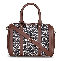 ZOUK Black and Beige Floral Design Vegan Leather Handmade Women's Handbags with double handles and detachable Sling Strap - FloMotif