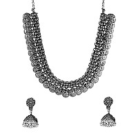 Yellow Chimes Ethnic German Silver Oxidised Coin Designed Choker Necklace Set with Earrings Traditional Jewellery Set for Women and Girls