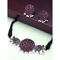 Yellow Chimes Ethnic German Silver Oxidised Studded Stone Peacock Design Threaded Choker Necklace Set Traditional Jewellery Set for Women and Girls, silver, pink, medium (YCTJNS-PECKSTON-PK)