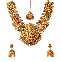 Yellow Chimes Jewellery Set for Women Gold Plated Traditional Temple Jewellery Set Antique Necklace Set with Earrings and Maangtikka for Women and Girls