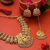 Yellow Chimes Jewellery Set for Women Gold Plated Traditional Temple Jewellery Set Antique Necklace Set with Earrings and Maangtikka for Women and Girls