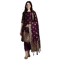 VredeVogel Women's Cotton Silk Jacquard Kurta Pant with Dupatta Set (Purple_Large)