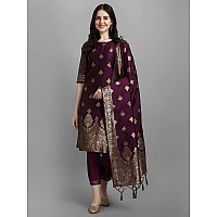 VredeVogel Women's Cotton Silk Jacquard Kurta Pant with Dupatta Set (Purple_Large)