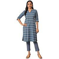 Aurelia Women's Cotton Solid Regular Blue Floral Printed Straight Kurta (23FEA13935-703844