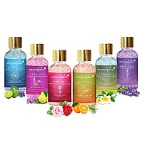 Aromahpure 100% Natural Bath Salt Infused with Essentail Oils,Vitamin C & E|Obsession,Expressive,Citrus Grove,Charming Rose, Earth Scents & Joyful Lavender Combo for Relaxing & Pain Relief - Pack of 6, 35 Gm Each