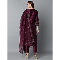 Vaamsi Womens Silk Blend Yoke Design Embroidered Straight Kurta Pant with Dupatta (PKSKD1937_Purple_S)