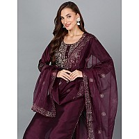 Vaamsi Womens Silk Blend Yoke Design Embroidered Straight Kurta Pant with Dupatta (PKSKD1937_Purple_S)