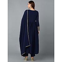 Vaamsi Womens Georgette Solid Yoke Design Flared Kurta Pant with Dupatta (PKSKD1850_Navy Blue_4XL)