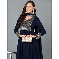 Vaamsi Womens Georgette Solid Yoke Design Flared Kurta Pant with Dupatta (PKSKD1850_Navy Blue_4XL)