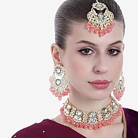 Gehena by Estele Gold Plated Glittering Kundan Studded Choker Necklace Set and Maang Tikka with Mint Pink Pearl Beads for Girls and Women