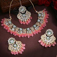 Gehena by Estele Gold Plated Glittering Kundan Studded Choker Necklace Set and Maang Tikka with Mint Pink Pearl Beads for Girls and Women