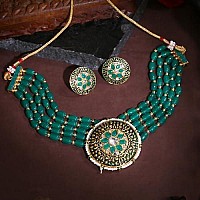 Gehena by Estele Gold Plated Fascinating Circular Designer Kundan-Studded Necklace Set with Green Beaded Pearls for Girls and Women