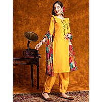 EthnicJunction Women's Embroidered Mirror Work Cotton Straight Kurta Patiala & Dupatta Set(SKD44-Sawan-Mustard_M)