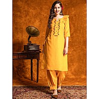 EthnicJunction Women's Embroidered Mirror Work Cotton Straight Kurta Patiala & Dupatta Set(SKD44-Sawan-Mustard_M)