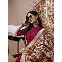 EthnicJunction Women's Solid Thread Work Cotton Kurta Pant with Digital Print Dupatta set