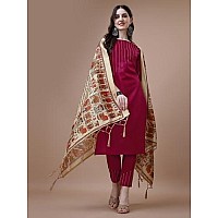 EthnicJunction Women's Solid Thread Work Cotton Kurta Pant with Digital Print Dupatta set