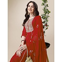 EthnicJunction Cotton Blend Women's Embroidered Thread Work Chinon A-Line Kurta Pant With Sequence Kurta Set (Skd9-Kanchan-Red_2Xl)