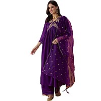 Amayra Women's Embroidered Alia Cut Kurta with Pant and Dupatta Set(Purple,M)