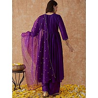 Amayra Women's Embroidered Alia Cut Kurta with Pant and Dupatta Set(Purple,M)