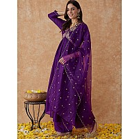 Amayra Women's Embroidered Alia Cut Kurta with Pant and Dupatta Set(Purple,M)