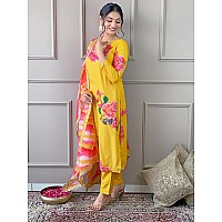 Naixa Women's Mustard Muslin Embroidered Straight Kurta with Rayon Pant and Taby Organza Laced Dupatta Sets (NX-454-Mustard-XXL)