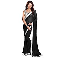 SOURBH Womens Georgette Plain Lace Border Style Saree with Blouse Piece (6958-Black)