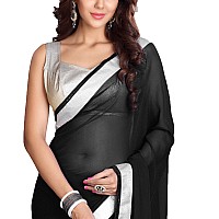 SOURBH Womens Georgette Plain Lace Border Style Saree with Blouse Piece (6958-Black)