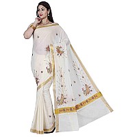 JISB womens Kerala Kasavu Peacock Embroidered Cotton Saree With Blouse