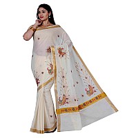 JISB womens Kerala Kasavu Peacock Embroidered Cotton Saree With Blouse