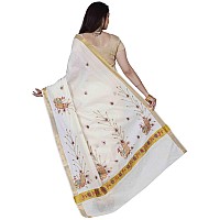 JISB womens Kerala Kasavu Peacock Embroidered Cotton Saree With Blouse