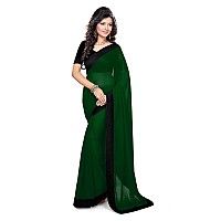 SOURBH Womens Georgette Solid Contrast Wide Lace Border and Blouse Work Saree (103-Dark Green)