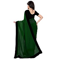 SOURBH Womens Georgette Solid Contrast Wide Lace Border and Blouse Work Saree (103-Dark Green)