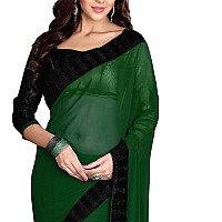 SOURBH Womens Georgette Solid Contrast Wide Lace Border and Blouse Work Saree (103-Dark Green)