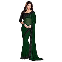 SOURBH Womens Faux Georgette Plain Contrast Lace Border Saree with Blouse Piece 632Dark Green Black