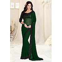 SOURBH Womens Faux Georgette Plain Contrast Lace Border Saree with Blouse Piece 632Dark Green Black