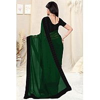 SOURBH Womens Faux Georgette Plain Contrast Lace Border Saree with Blouse Piece 632Dark Green Black