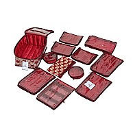 Kuber Industries Brocade Jewellery kit with 12 Pouch|Solid Print With Waterproof Outer Material|12 Pouches & Zipper Closure|Size 25 x 17 x 10, Pack of 1 (Maroon)